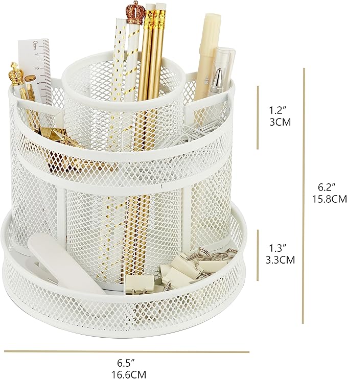 Annova Mesh Desk Organizer Rotate with 6 Compartments Round Spinning Tidy Candy/Pen Holder Desk Accessories Office, Art Supply, Storage, Classroom, Home (White)