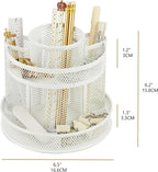 Annova Mesh Desk Organizer Rotate with 6 Compartments Round Spinning Tidy Candy/Pen Holder Desk Accessories Office, Art Supply, Storage, Classroom, Home (White)