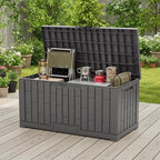 DUMOS 60 Gallon Deck Box, UV Resistant Waterproof Storage Bin for Patio Cushions Gardening Tools, Lockable Resin Outdoor Storage Box with Hundles, Grey