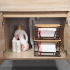 ALOCEO 2 Pack Stackable Wire Storage Basket with Bamboo Lip, Trash Bag Dispenser Under Sink for 4-13 Gal Bags, Kitchen Storage Bins for Potato and Onion, Brown