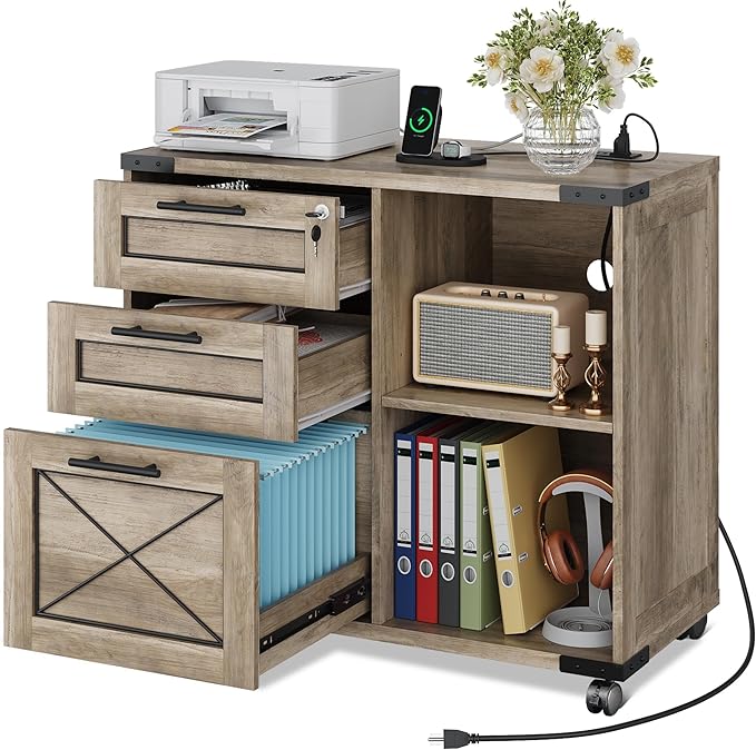 DEVAISE Wood File Cabinet with Charging Station, Mobile Lateral Filing Cabinet with Lock for Home Office, Printer Stand with Open Storage Shelves, Gray Oak