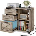 DEVAISE Wood File Cabinet with Charging Station, Mobile Lateral Filing Cabinet with Lock for Home Office, Printer Stand with Open Storage Shelves, Gray Oak