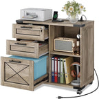 DEVAISE Wood File Cabinet with Charging Station, Mobile Lateral Filing Cabinet with Lock for Home Office, Printer Stand with Open Storage Shelves, Gray Oak