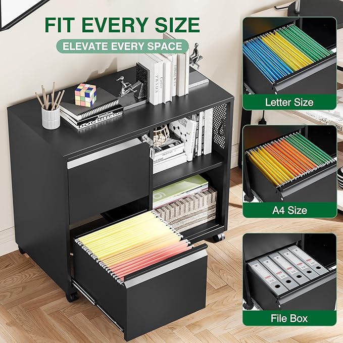 Mobile Lateral File Cabinet with Side Hook, 2 Drawer File Cabinet with Lock fits A4/Letters/Legal Size for Home Office,Metal Rolling Printer Stand with Open Storage Adjustable Shelves(Black)