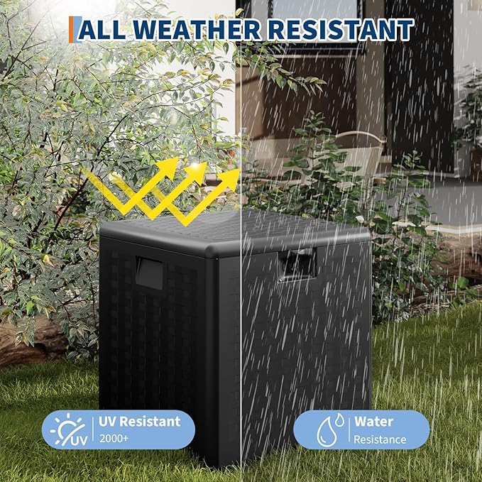 Garvee 28 gal Outdoor Storage Box with Lid, Weather-Resistant Plastic Deck Box, Lockable Outdoor Storage Bin for Patio Furniture, Gardening Tools and Accessories, Black