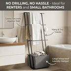 2-in-1 Leaning Blanket Ladder with Storage Basket, Matte Black Metal Towel Rack Stand, Drill-Free Space Saving Organizer for Bathroom & Bedroom Throws, 63"