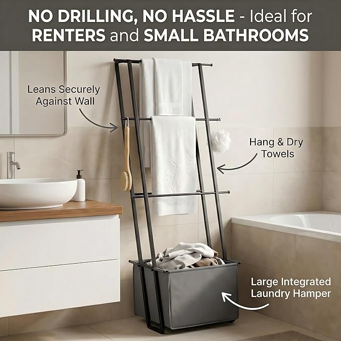 2-in-1 Leaning Blanket Ladder with Storage Basket, Matte Black Metal Towel Rack Stand, Drill-Free Space Saving Organizer for Bathroom & Bedroom Throws, 63"