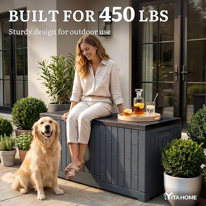 YITAHOME Outdoor Storage Box, 120 Gallon Waterproof Deck Box for Garden Tools, Patio Cushions, and Pool Accessories, Lockable, Easy Assembly, Versatile Bench or Table (Dark Gray)
