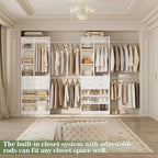 Closet System, Up to 134"/11.2 FT Closet Organizer with 4 Wooden Drawers and Shelves, Walk-in Closet System with 6 Hanging Rods, Built-in Closet Can Fit 96"/8FT, 120"/10FT, White