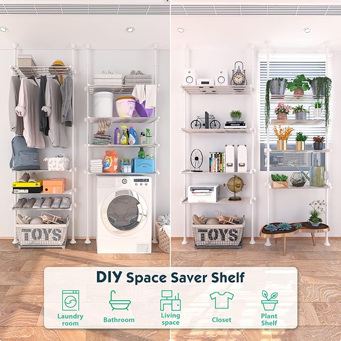 Lilyvane Over-The-Toilet Storage:97 to116” Adjustable 4-Tier Bathroom Organizer, Over The Toilet Storage Shelf for Small Rooms,Narrow Cabinet,Space Saving Bathroom Organizer, Stainless Steel