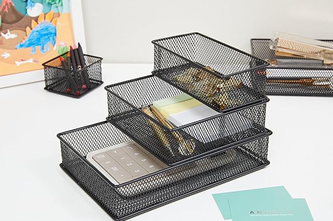 Annova Mesh Drawer Cabinet and Shelf Organizer Bins Storage Basket School Office Supply Holder Tray- Set of 2 (Black, 3x6x2 Inch)