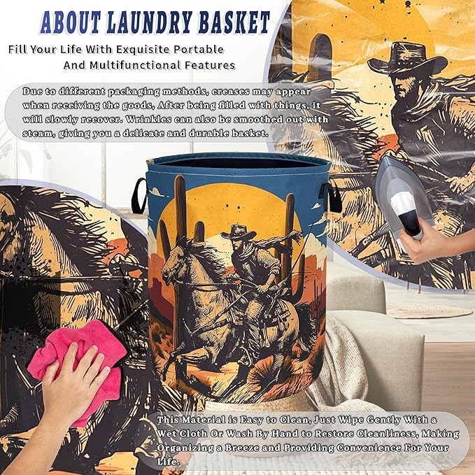 Western Cowboy Laundry Basket Oxford Cloth Desert Riding Laundry Hamper With Handle Foldable Portable Clothes Storage Basket Western Funny Laundry Bag 18.9"x16.5" For Laundry Room/Bedroom/Bathrooms
