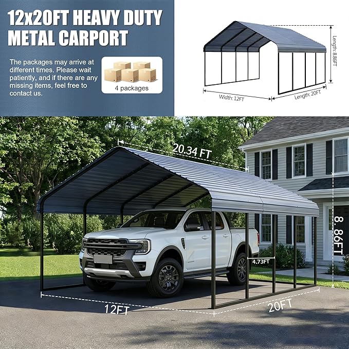 12x20 ft Metal Carport & Portable Garage, Heavy Duty with Galvanized Steel Roof & Frame - Large Tall Carports Canopy for Snow, Grey for Outdoor Garages