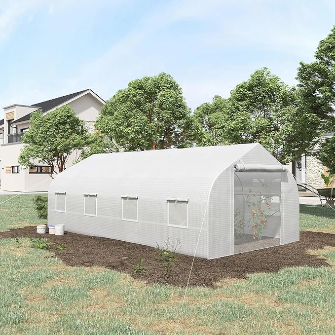 20' X 10' 7' Gardening Hot House, Steel Frame, Zippered Mesh Door, Enhance Plant Care, White Large Walk-in Tunnel Greenhouse, 20'x10'x7', Galvanized 8 Windows,
