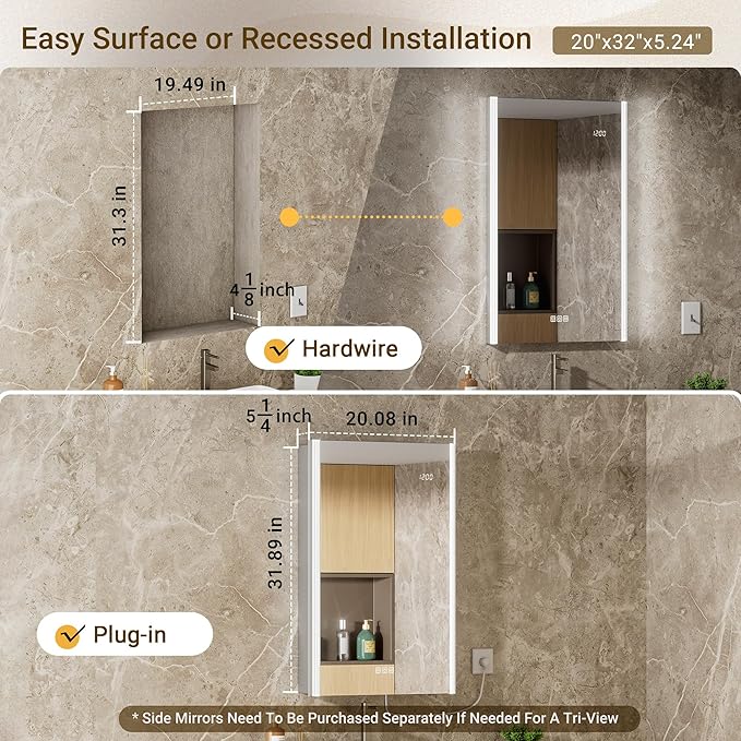 20x32 LED Bathroom Medicine Cabinet Mirror with Smart Night Lamp, Surface or Recessed Fogless Lighted Medicine Cabinet Mirror with Outlet &Clock,Built-in Sensor Light& Soft-Close Right-Hinge