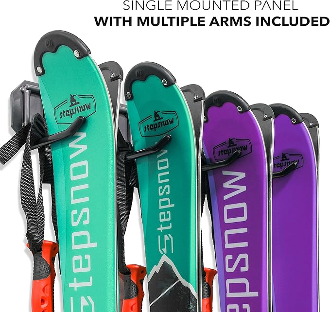 RaxGo Ski Storage Rack, Wall Mounted, Holds 4 Pairs of Skis & Skiing Poles or Snowboard for Home and Garage Storage, Heavy Duty and Rubber-Coated Hooks