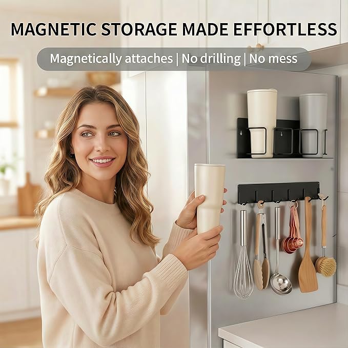 Magnetic Cup Holder for Fridge (2-Pack) – Compatible with Stanley Quencher H2.0 & Yeti 20–40oz Tumblers – Heavy-Duty 18LB Full-Magnet Drink Holder with Utility Hook Rack for Kitchen or Garage