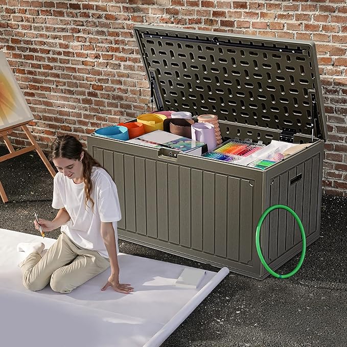 DWVO 90 Gallon Double-Wall Deck Box, Large Resin Outdoor Storage Box, Lockable & Waterproof, Double as Seating, 450lbs Capacity (Light Brown)