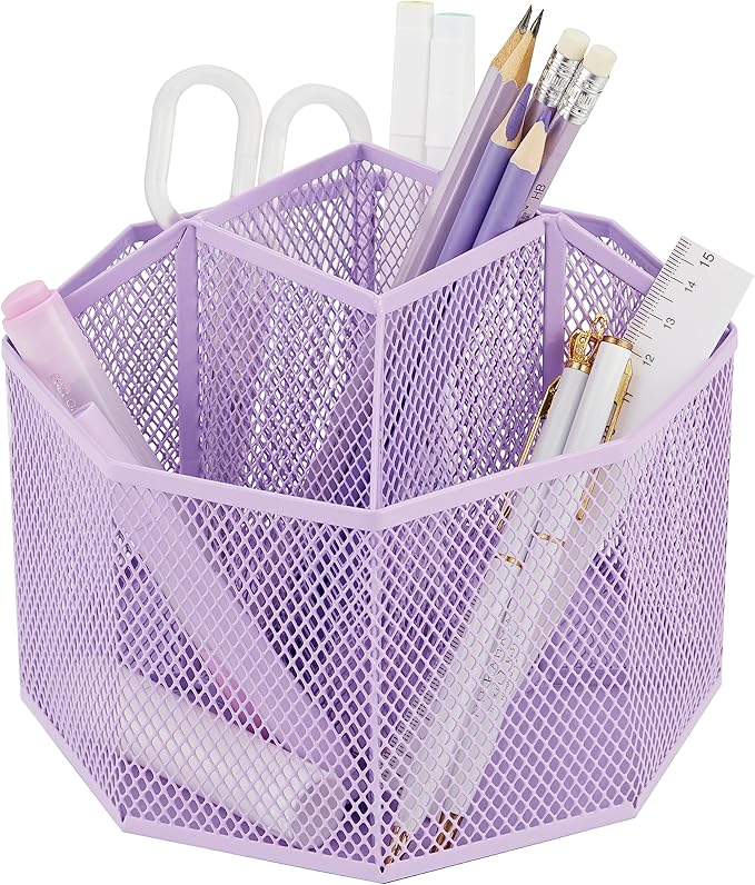 Annova Mesh Desk Organizer Rotate with 5 Compartments Spinning Tidy Candy/Pen Holder Office, Art Supply, Storage, Classroom, Home (Light Purple)