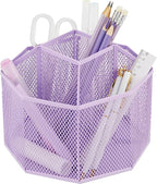 Annova Mesh Desk Organizer Rotate with 5 Compartments Spinning Tidy Candy/Pen Holder Office, Art Supply, Storage, Classroom, Home (Light Purple)
