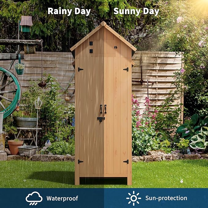 GarveeLife 70 in Outdoor Wooden Storage Shed Waterproof, Vertical Outdoor Storage Cabinet with 3 Shelves, Roof Storage & Lockable Door, Space-Saving Garden Tool Shed for Patio, Yard, Lawn
