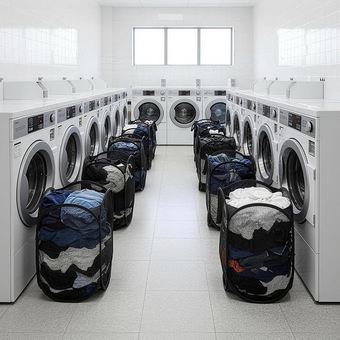 16 Pack Commercial Pop Up Laundry Hampers, 112L Large Capacity, Foldable Mesh with Steel Frame, Oxford Fabric Bulk Laundry Baskets for Hotels, Dorms, Shelters and Property Management (16)