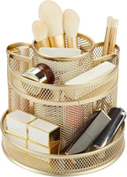 Annova Mesh Desk Organizer Rotate with 5 Compartments Round Spinning Tidy Candy/Pen Holder Desk Accessories Office, Art Supply, Storage, Classroom, Home (Gold)
