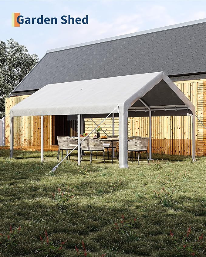 10 x 20ft Carport, Portable Carport with Roll-Up Windows & Removable Sidewalls & Doors Thickened Wind Ropes, Ground Nails, Portable Garage for Cars, Trucks, Boats, 200G Durable Tarp Cover,White