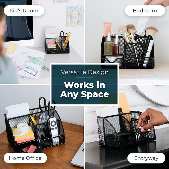 Greenco Mesh Desk Organizer Office & Dorm Room Supplies Caddy, 6 Compartments, Small Black Desk Organizer for Pen, Pencil, Small Office Supplies and Stationary Accessories Storage Organization