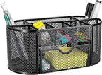 Amazon Basics Mesh Desk Organizer with Pen Holder, Pullout Drawer and Office Caddy Storage, 9.25" x 4.53" x 3.94", Black