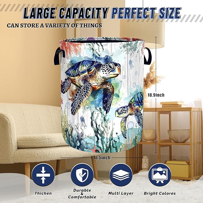 Funny Ocean Sea Turtle Laundry Basket Oxford Cloth Cute Turtles Laundry Hamper With Handle Foldable Portable Clothes Storage Basket Ocean Laundry Bag 18.9"x16.5" For Laundry Room/Bedroom/Bathrooms