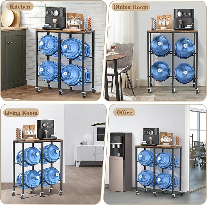 VINAEMO 5 Gallon Water Jug Holder, Rolling Water Jug Stand with Extended Wood Tabletop Shelf, 4 Slots 5 Gal Water Bottle Holder Storage Rack with Water Dispenser Stand for Home,Office,Garage Organizer