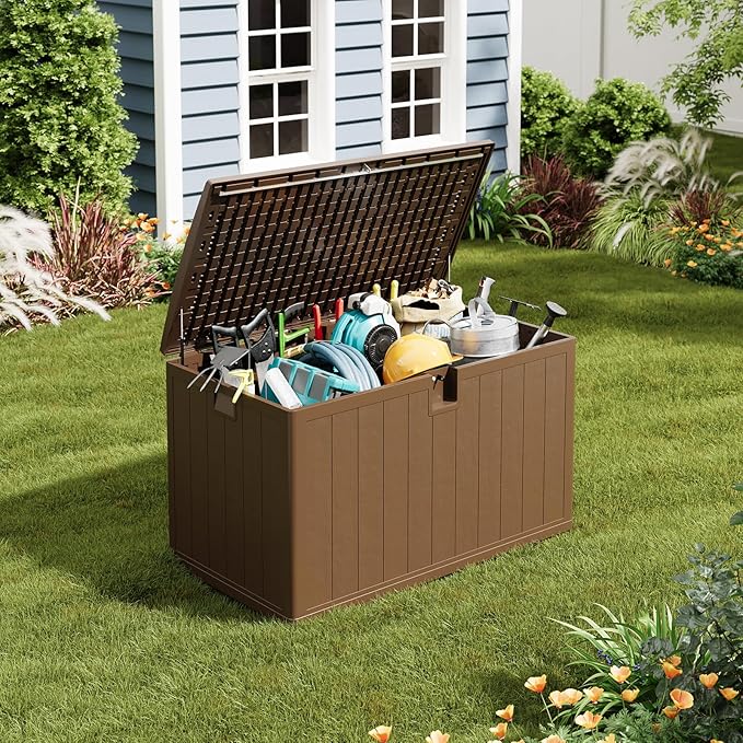 Garvee 130 gal Deck Box, Lockable Outdoor Storage Box with Lid, All-Weather Outdoor Storage Bin with Side Handles for Patio Furniture, Pool Accessories, Gardening Tool, Brown