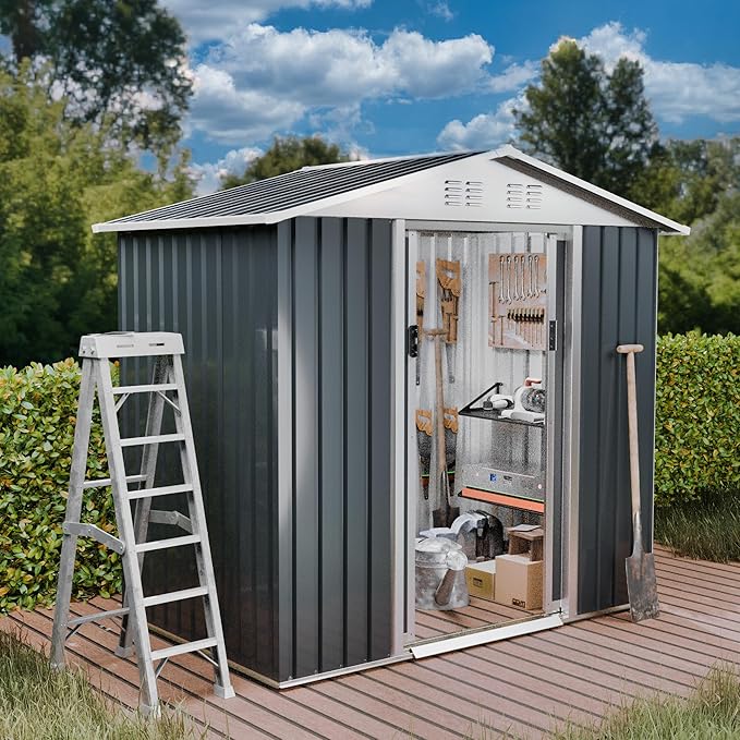 6FT x 4FT Outdoor Sheds Storage Anti-Corrosion Utility Tool House with Lockable Door & Shutter Vents Outdoor Waterproof Garden Tool Metal Storage Sheds（with Metal Foundation）