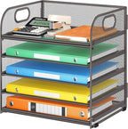 Lavatino 5 Tray Desk File Organizer, Mesh Paper Sorter Letter Tray Organizer with Handle, Desktop File Organizer and Storage for Letter/A4 Office File Folder- Grey