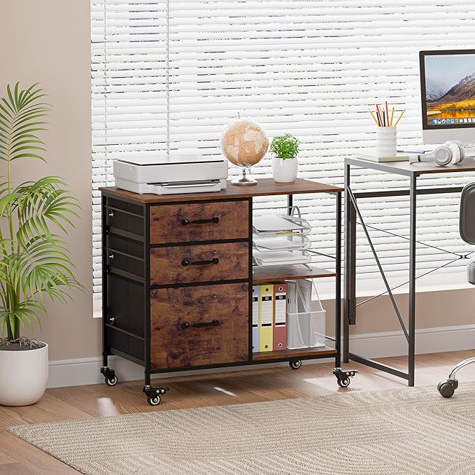 ZENY Lateral File Cabinet with 3 Drawers, Mobile File Cabinet Printer Stand, Rolling Fabric Lateral Filing Cabinet for Office Home Small Space (Rustic Brown)
