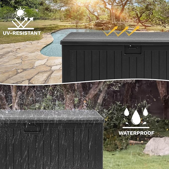 DWVO 150 Gallon Double-Wall Deck Box, XL Large Resin Outdoor Storage Box, Lockable & Waterproof, Double as Seating, 1000lbs Capacity (Black)