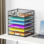 6 Tray Paper Organizer Letter Tray with Handle - Mesh Desk File Organizer, Paper Sorter Organizer for Office, Home or School File Folder Holder -Black
