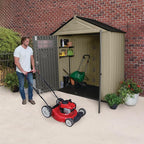 Rubbermaid Resin Outdoor Storage Shed With Floor (7 x 3.5 Ft) Weather Resistant, Brown Gable, Organization for Home/Backyard/Garden Tools/Lawn Mower/Bike Storage/Pool Supplies