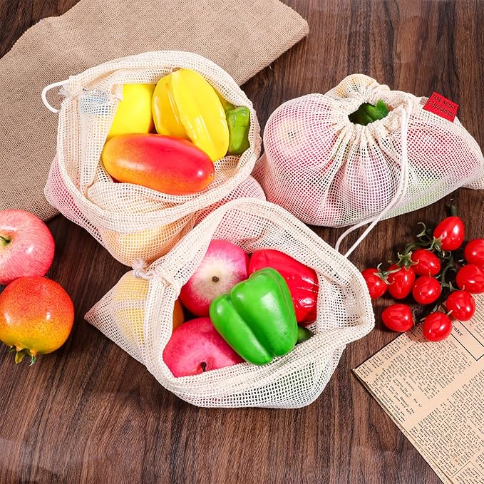 5 Pack Mesh Produce Bags, Reusable Produce Storage Bags Washable Eco Friendly Lightweight Storage Produces Bag Durable Double Stitched with Drawstring Reusable Food Storages Bag for Fruit Vegetable