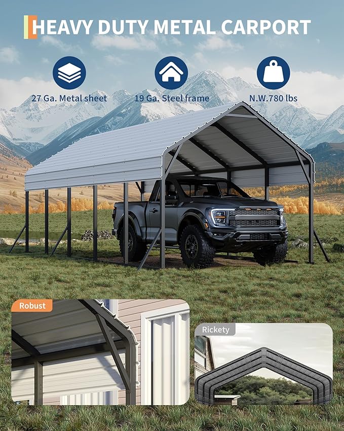 GarveeLife 13 ft x26 ft x11 ft Oversized Metal Carport, Steel Heavy Duty Car Ports for All-Weather, Tall Carport for Full-Size Pickup Trucks, Boats, and Tractors, N.W. 780 LBS