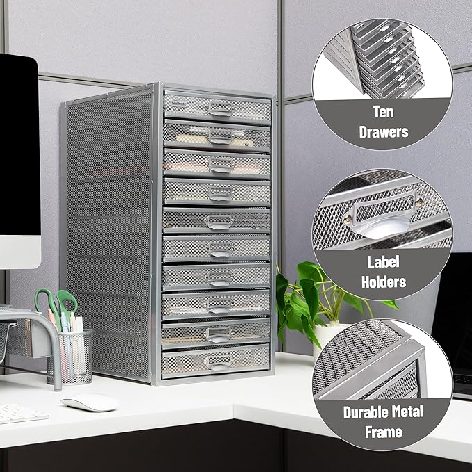 Mind Reader 10-Drawer Desk Organizer for Office Supplies, Crafts, Mail Sorting & More, Metal Mesh, 10.75"L x 14"W x 21.25"H, Silver