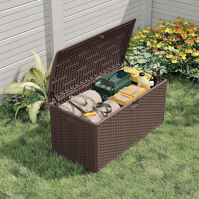 Garvee 120 Gallon Waterproof Large Resin Deck Box Indoor Outdoor, Lockable Storage Container for Patio Furniture Tools, Waterproof Deck Box with Hydraulic Rod Patio Storage Bin for Pool Garden, Brown