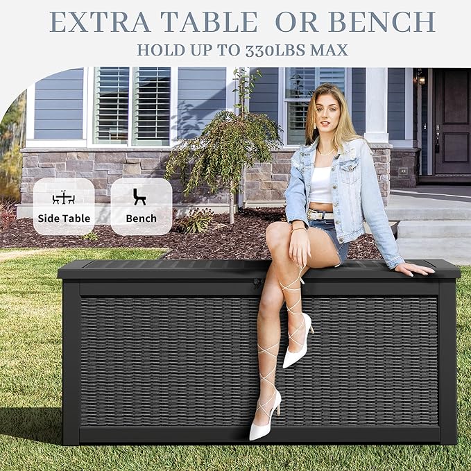320 Gallon Outdoor Storage Box, Resin Deck Boxes Outdoor Waterproof For Patio Furniture, Garden Tools, Pool Supplies, Lockable And UV Resistant (Rattan Black)