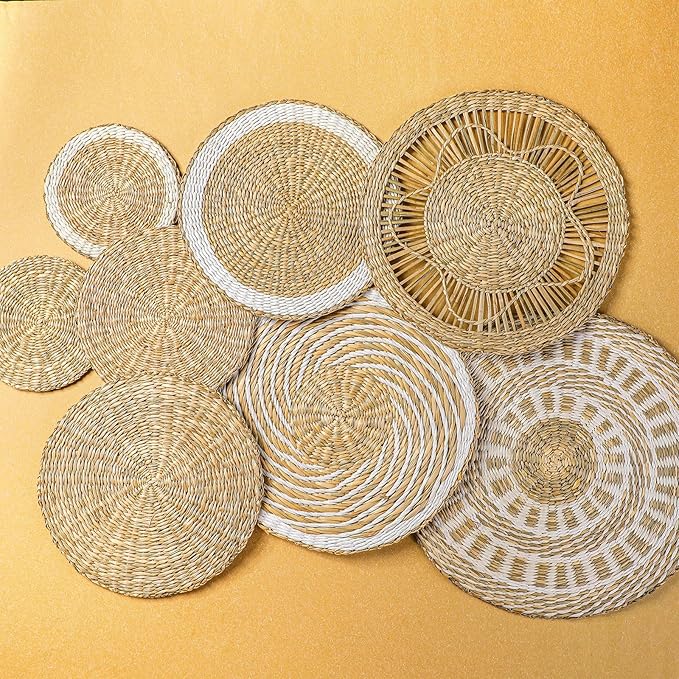 Xuhal 8 Pcs Boho Wall Basket Decor Decorative Bulrush Woven Basket Wall Decor Rustic Farmhouse Hanging Baskets for Kitchen Rustic Home Summer Decorations