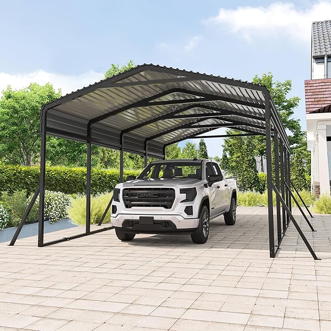 Carport Canopy 12’X20’ Heavy Duty Car Port Galvanized Steel Roof, Reinforced Stable Triangle Frame for Snowy Windy Metal Carports Enhanced Base Car Tent for Car,RV,Pickup,Boat,Truck,Tractor