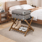 Smuxee Fully Assembled Black Walnut Luggage Rack, Upgraded Bamboo Foldable Suitcase Stand with 5 Nylon Straps, Luggage Holder with Shelf for Guest Room Bedroom Hotel