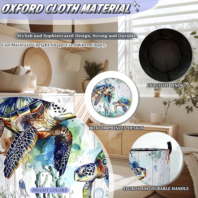 Funny Ocean Sea Turtle Laundry Basket Oxford Cloth Cute Turtles Laundry Hamper With Handle Foldable Portable Clothes Storage Basket Ocean Laundry Bag 18.9"x16.5" For Laundry Room/Bedroom/Bathrooms