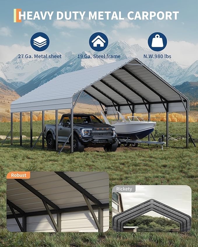 Garveelife 20'x25'x13' Metal Carport for 2 Cars, Heavy Duty Car Ports for Heavy Snow, Reinforced Frame, Tall Metal Car Ports for Bass Boats, Full-Sized Pickup Trucks, and Tractors, N.W. 980 Lbs