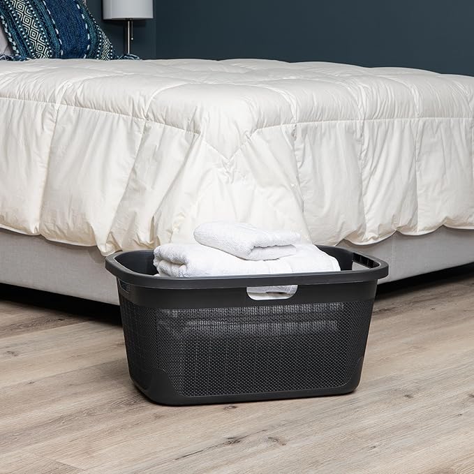 Mind Reader 40L Laundry Basket, Linen Design Clothes Hamper, Plastic Storage Bin with Handles, Black